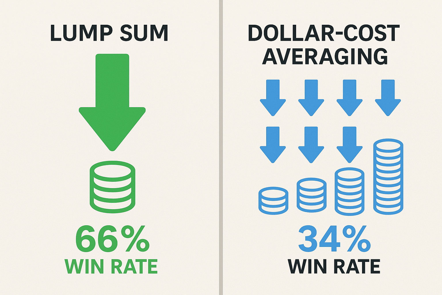 Infographic in 1536x1024 landscape format comparing "Lump Sum vs Dollar-Cost Averaging". Split vertically down the middle. Left side shows "