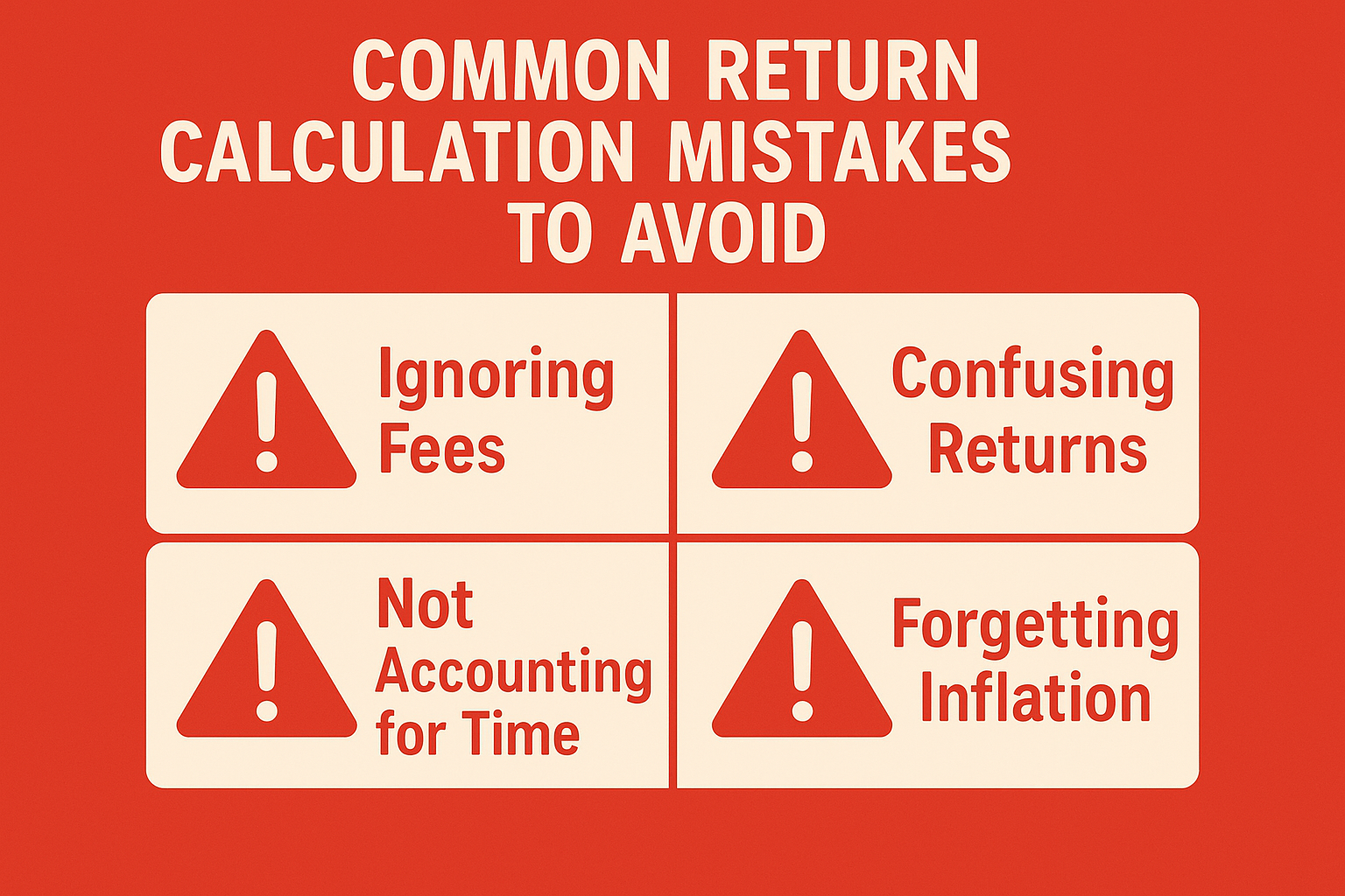 Create a 1024x1024 square image showing common return calculation mistakes to avoid. Design an infographic with warning symbols and brief te